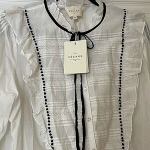 NWT Sezane Chemise Valentin Ivory Blouse with Ebony Accents